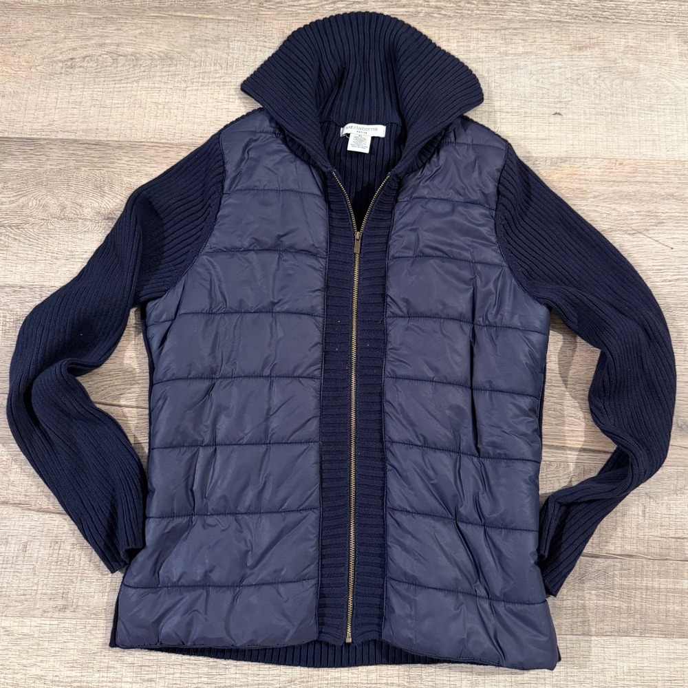 Liz Claiborne Petite Navy Blue Quilted Mixed Media Ribbed Knit Zip Jacket PL